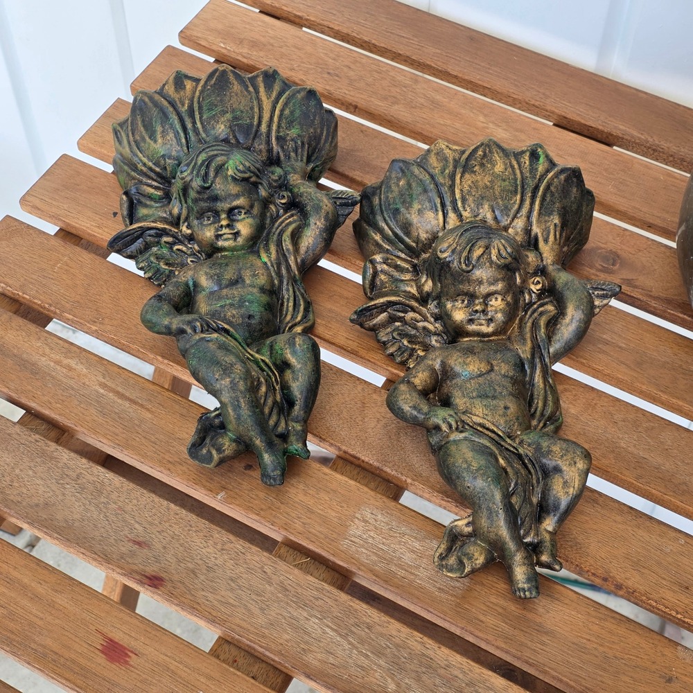 Vtg Inarco Cherub Wall Pocket Set Gold Winged Angel Planter light weight patina